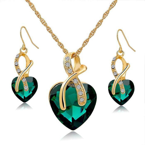 Crystal Heart Necklace Earrings Wedding Jewelry Set