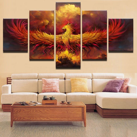 Canvas Abstract Painting Modular Wall Art 5 Pieces Fire Phoenix Bird Pictures Living Room Home Decor HD Printed Poster Framework