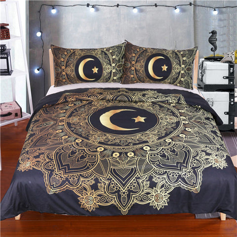 Golden Flowers Star Moon Duvet Cover Set - DelightedStore