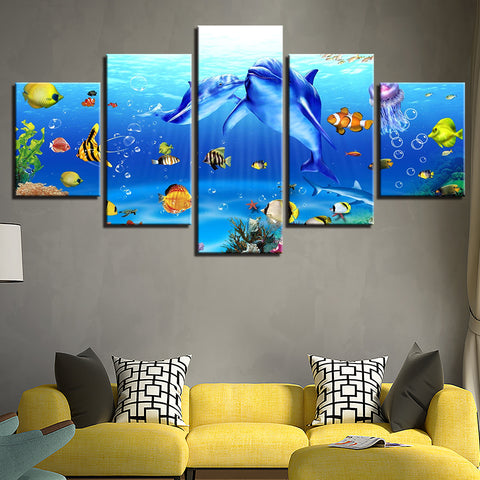 Wall Art Canvas Pictures Living Room Decor Framework 5 Pieces Underwater World Paintings Prints Dolphins Coral Reef Fishs Poster