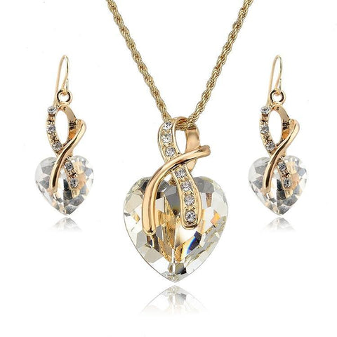 Crystal Heart Necklace Earrings Wedding Jewelry Set