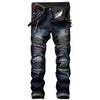 Image of Men's Pleated Biker Jeans Pants Slim Fit Motocycle Denim Trousers - DelightedStore