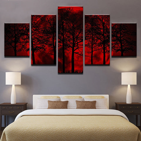 Canvas Painting Home Decor HD Prints Tree Poster 5 Piece Red Moon Sky Psychedelic Forest Pictures Living Room Wall Art Framework