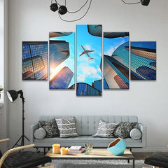 City Buildings Aircraft Blue Sky Wall Art Canvas Print Decor