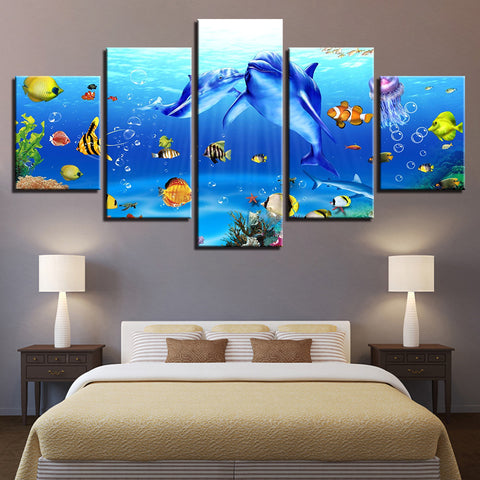 Wall Art Canvas Pictures Living Room Decor Framework 5 Pieces Underwater World Paintings Prints Dolphins Coral Reef Fishs Poster