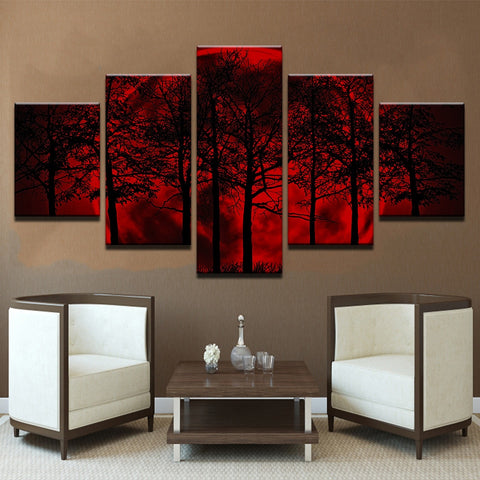 Canvas Painting Home Decor HD Prints Tree Poster 5 Piece Red Moon Sky Psychedelic Forest Pictures Living Room Wall Art Framework