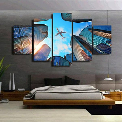 City Buildings Aircraft Blue Sky Wall Art Canvas Print Decor - DelightedStore