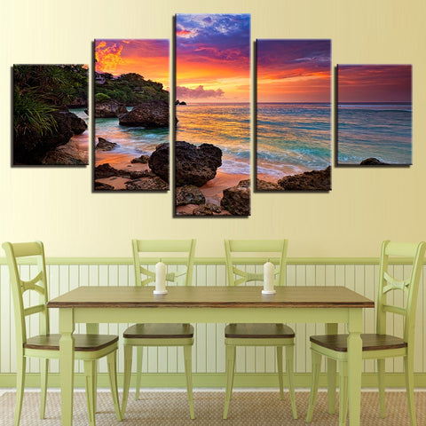 Canvas Wall Art Pictures 5 Pieces Sunset Glow Paintings Home Decor Living Room HD Prints Beach Waves Seascape Posters Framework