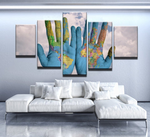 Hands World Map Wall Art Canvas Decor Printing