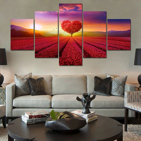 Heart Tree Flower In Field Wall Art Canvas Decor Printing