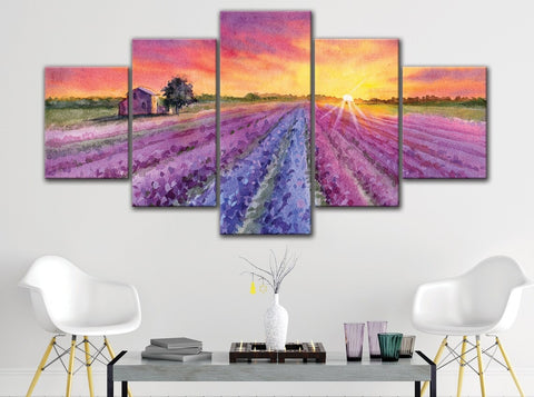 Lavender Field Sunset Watercolor Wall Art Canvas Decor Printing