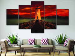 Lighthouse Red Sky Night Wall Art Canvas Decor Printing