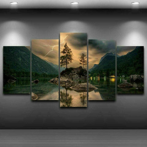 Lightning Mountain Lake Tree Wall Art Canvas Decor Printing