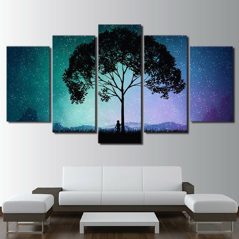 Lonely Tree Girl Starry Night Sky Wall Art Canvas Decor Printing