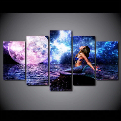 Mermaid Moon & Space Ocean Night Wall Art Canvas Decor Printing