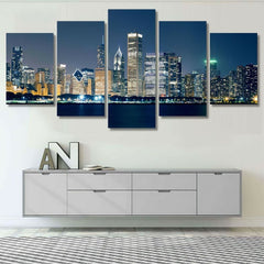 Night View Chicago Skyline Wall Art Canvas Decor Printing