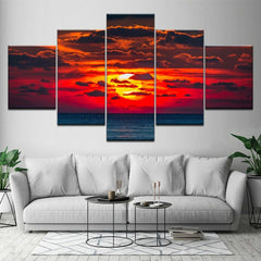 Ocean Sunset Red Sky Wall Art Canvas Decor Printing