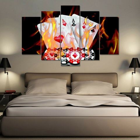 Poker Cards Casino Chips On Fire Wall Art Canvas Decor Printing