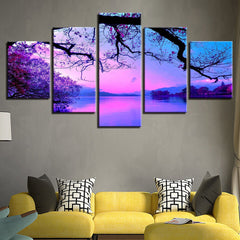 Purple Sunset Tree Lake Wall Art Canvas Decor Printing