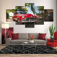 Red Cuban Car Vacation Tropical Scenery Wall Art Canvas Decor Printing