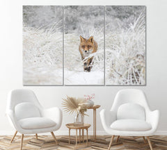 Red Fox in Snow Forest Wall Art Canvas Print Decor-3Panels