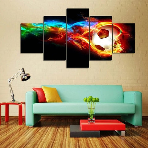 Soccer Ball Colorful Fire Wall Art Canvas Decor Printing