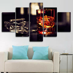 Whiskey Cigar Smoking Ice Rocks Wall Art Canvas Decor Printing