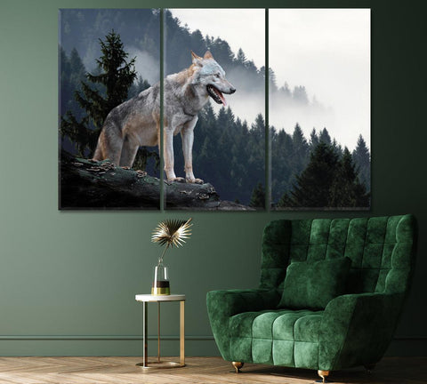 Wolf In The Green Forest Wall Art Canvas Print Decor-3Panels