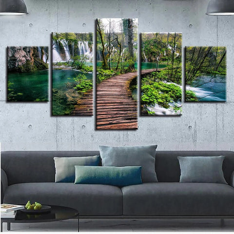 Wooden Bridge Waterfall Nature Forest Wall Art Canvas Decor Printing