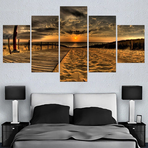 Wooden Path Sandy Beach Sunset Wall Art Canvas Decor Printing