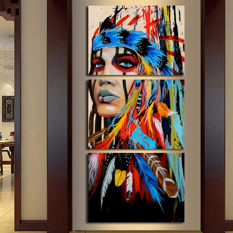 Native American Feathered Headdress Women Wall Art Canvas Print Decor - DelightedStore
