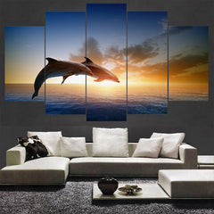 Jumping Couple Dolphins Sunset wall Art Decor Canvas Printing - DelightedStore