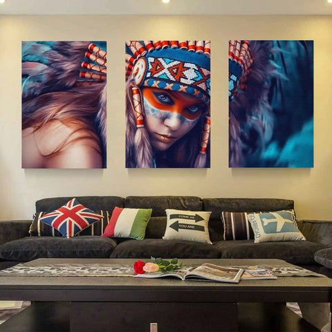 Native American Indian Girl Feathers Wall Art Canvas Print Decor - DelightedStore