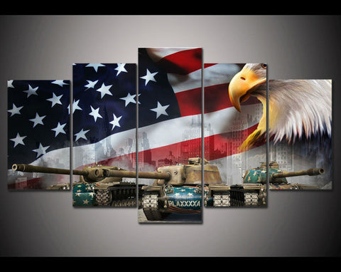 American Eagle Flag With Tank Wall Art Canvas Print Decor - DelightedStore