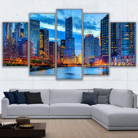 Chicago City Night View Wall Art Canvas Print Decor - DelightedStore