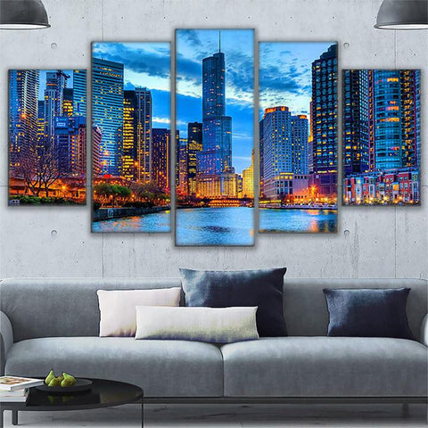 Chicago City Night View Wall Art Canvas Print Decor - DelightedStore
