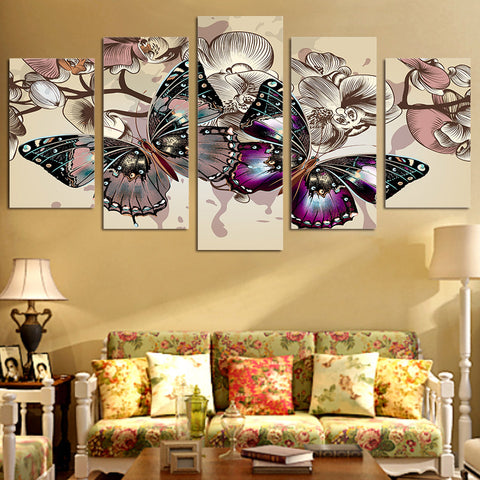 Flowers Butterfly Wall Art Canvas Print Decoration - DelightedStore