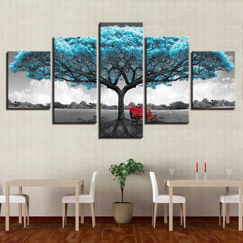 Red Chair under Big Blue Tree Abstract Wall Art Canvas Print Decoration